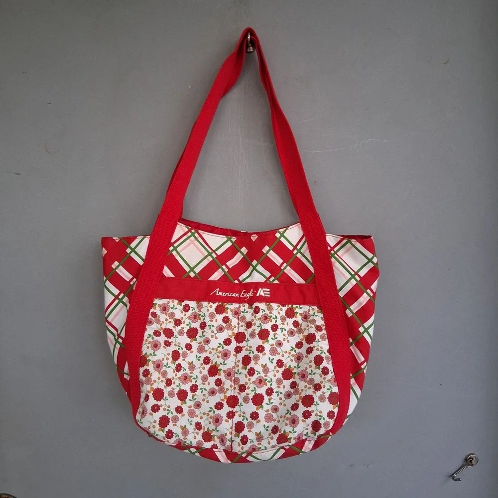 Vintage Y2K Cottagecore Floral Plaid Red Tote EUC Grandma Grannycore